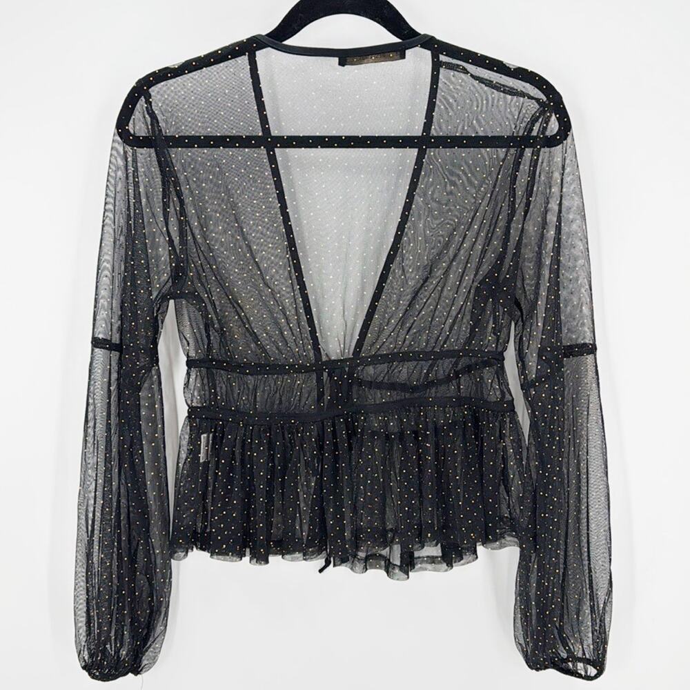Hesperus Sheer Black & Gold Polka Dot Blouse tie front peplum sz M rocker gypsy